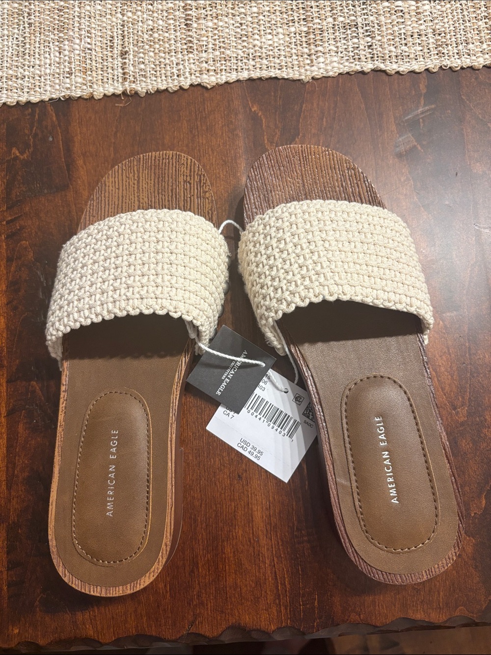 American Eagle Outfitters Cream Crochet Slide Sandals with Brown Footbed